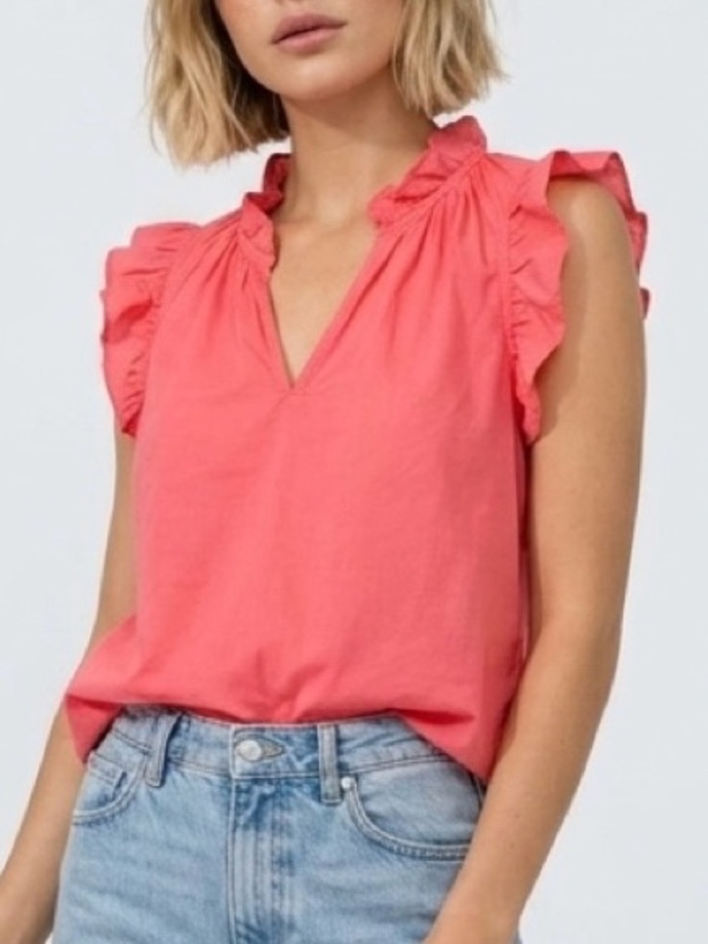XIRENA Bex Cotton Poplin Ruffle V Neck Top Firecracker Coral Womens Size S